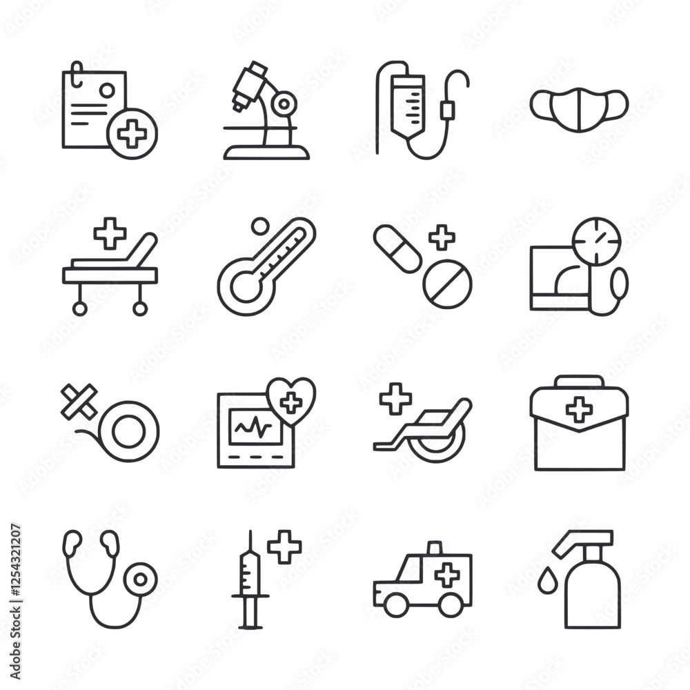 A set of medical icons including a stethoscope, syringe, and a thermometer A set of medical icons including a stethoscope, syringe, and a thermometer