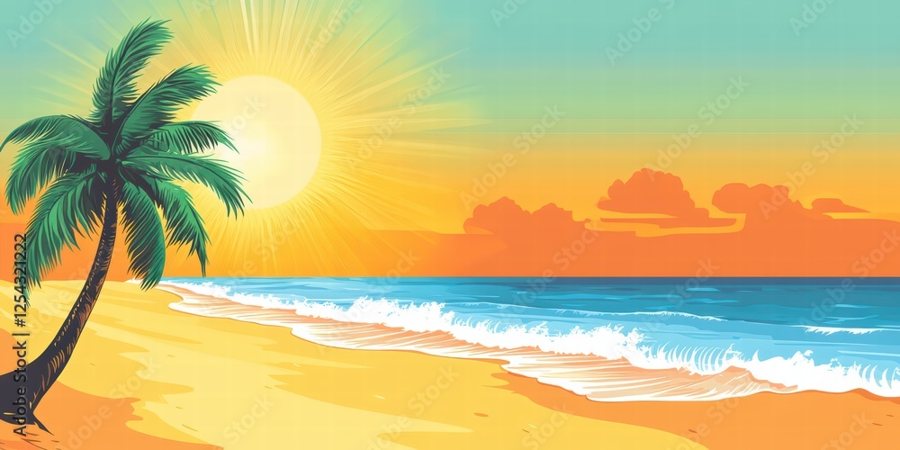 Vibrant Sunset Beach Scene with Palm Tree and Calm Ocean Waves Vibrant Sunset Beach Scene with Palm Tree and Calm Ocean Waves