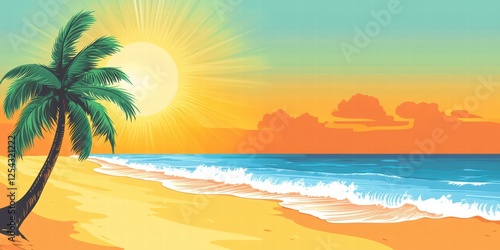 Vibrant Sunset Beach Scene with Palm Tree and Calm Ocean Waves
