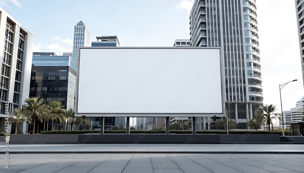 Blank Billboard in Modern City Center with Skyscrapers and Palm Trees Blank Billboard in Modern City Center with Skyscrapers and Palm Trees