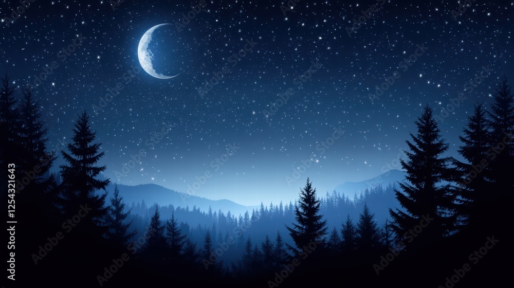 Serene Night Sky with Moon Over Tranquil Pine Forest Landscape Serene Night Sky with Moon Over Tranquil Pine Forest Landscape