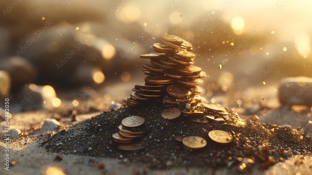 Obraz premium Golden Coins Shining on Sandy Ground