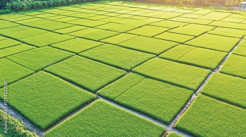 Aerial view of vibrant green rice paddies at sunset photo