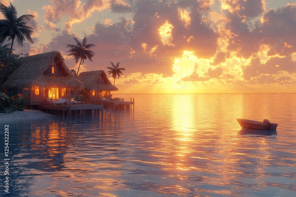 3D rendering of two thatched huts on wooden stilts in the ocean, with palm trees and a boat at sunset. 3D rendering of two thatched huts on wooden stilts in the ocean, with palm trees and a boat at sunset.