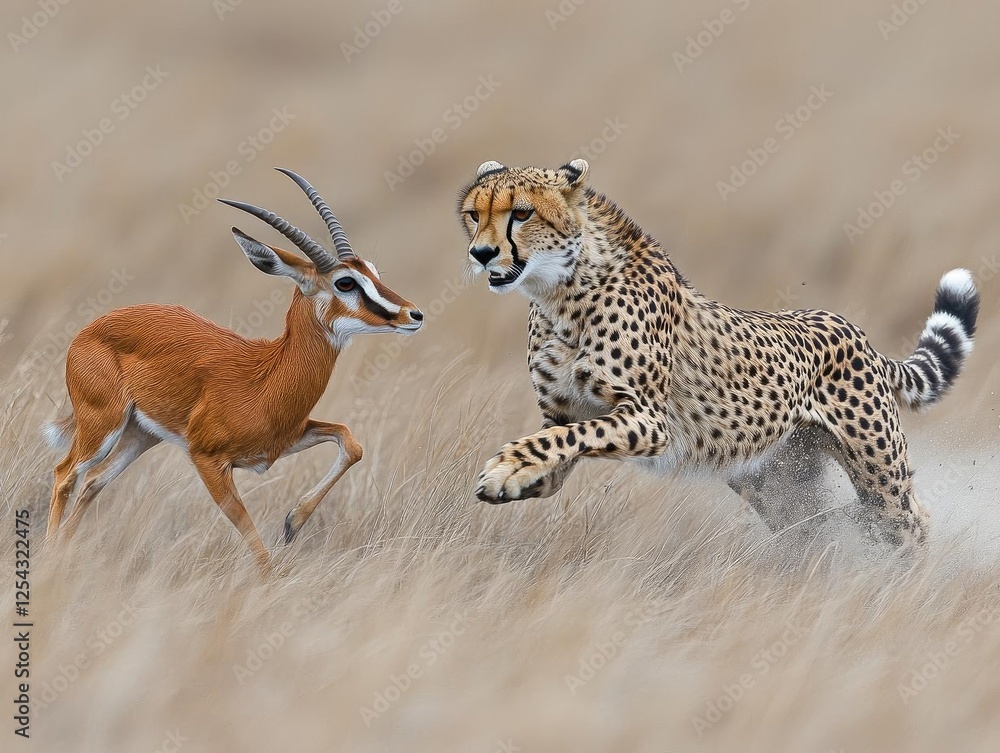 Obraz premium Cheetah Chases Antelope Across Savannah Grassland