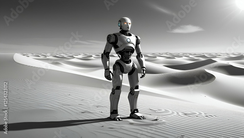 A lone sentient robot standing in an endless desert
