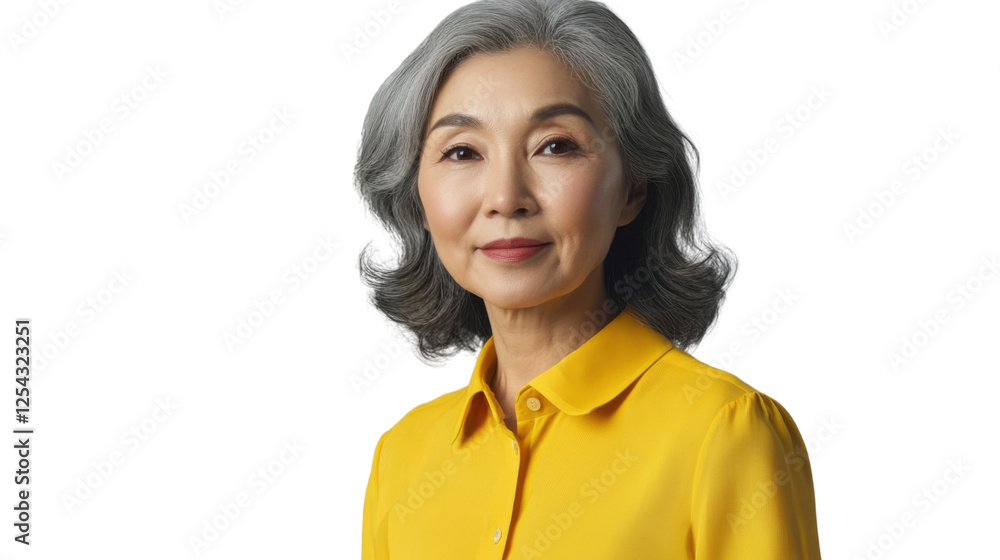 Elegant senior woman smiling, wearing a yellow blouse Elegant senior woman smiling, wearing a yellow blouse
