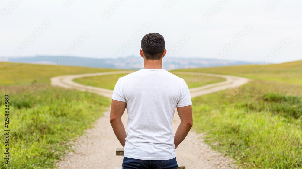 Man Facing Two Roads In Countryside Landscape