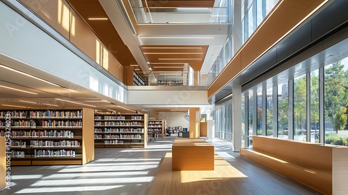 modern city library with wooden shelves and open spaces 