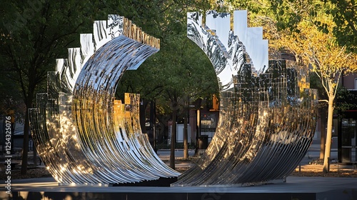 Public art installation with reflective surfaces in urban space photo