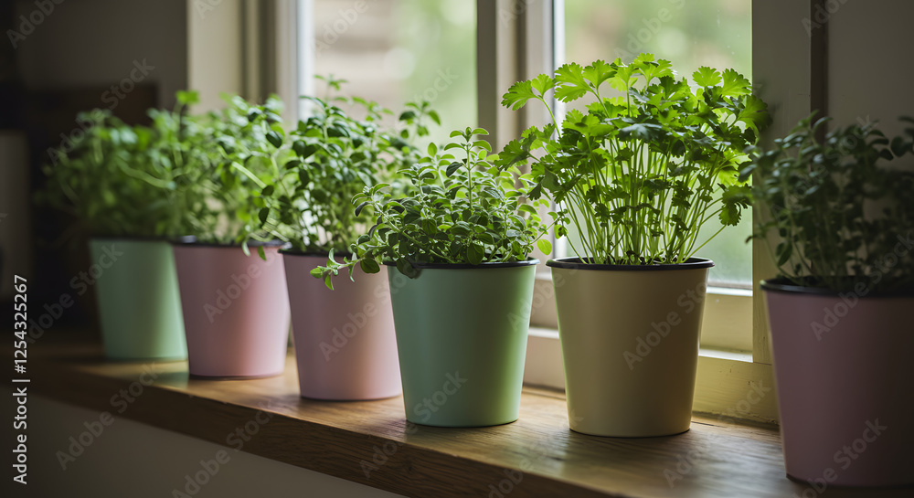 Growing Fresh Herbs in Colorful Pots on a Sunny Windowsill Indoors Growing Fresh Herbs in Colorful Pots on a Sunny Windowsill Indoors