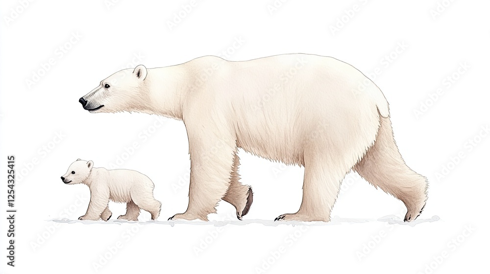 Fototapeta premium Polar bears walking on snow, showcasing a nurturing bond in a serene winter landscape