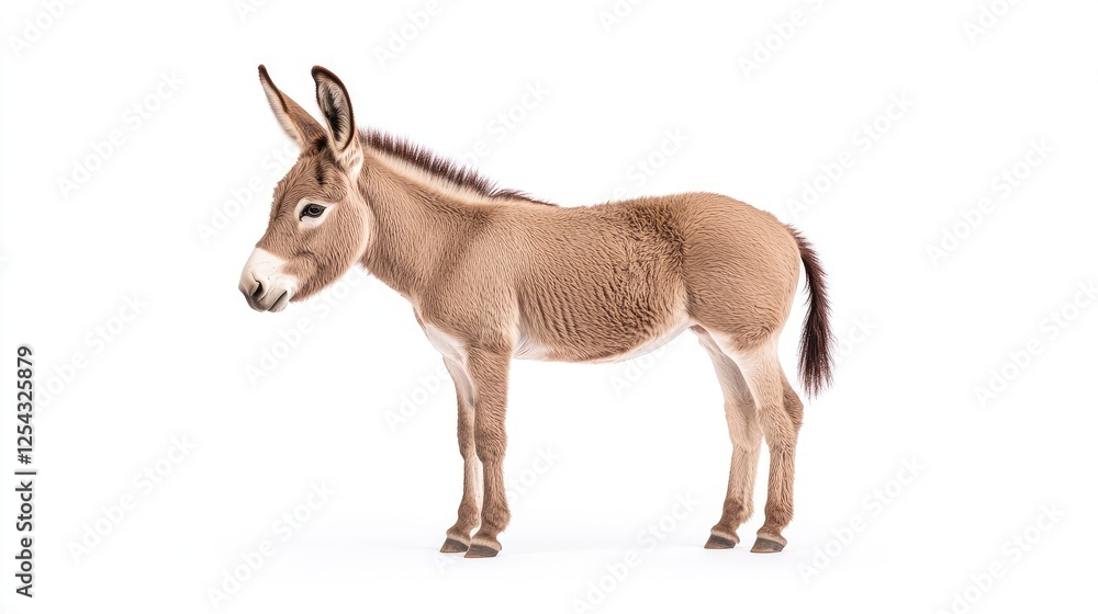 Realistic side view of a donkey standing on a white background, showcasing its features and fur texture Realistic side view of a donkey standing on a white background, showcasing its features and fur texture