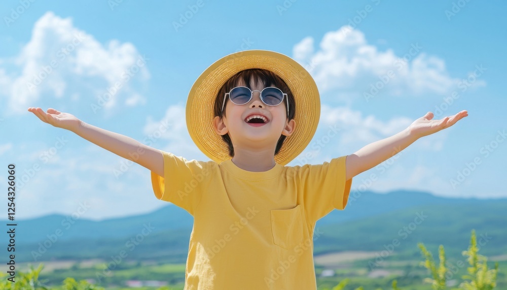 A joyful child in a yellow shirt and hat expresses happiness in a vibrant outdoor setting surrounded by mountains and blue skies.