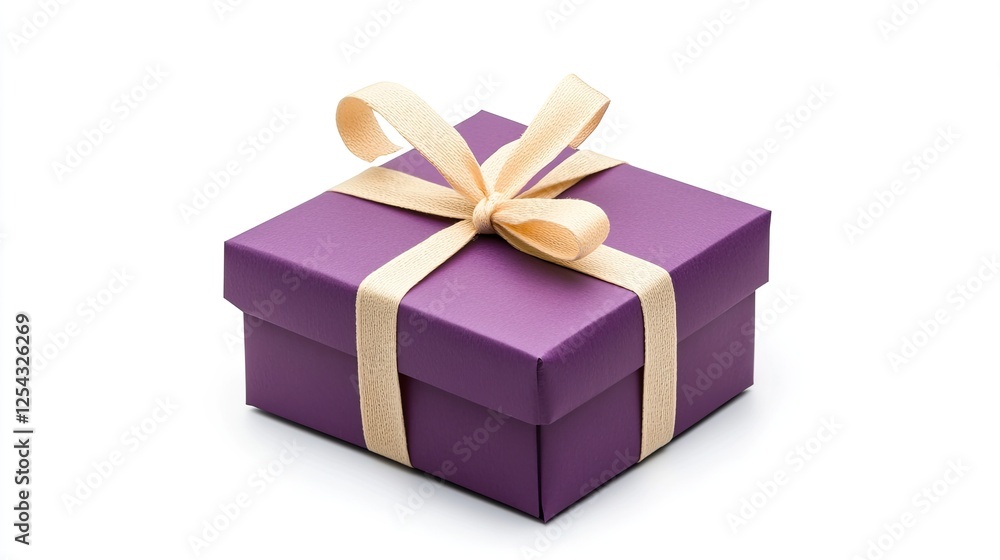 A beautifully wrapped purple gift box with a cream ribbon, isolated on a white background A beautifully wrapped purple gift box with a cream ribbon, isolated on a white background