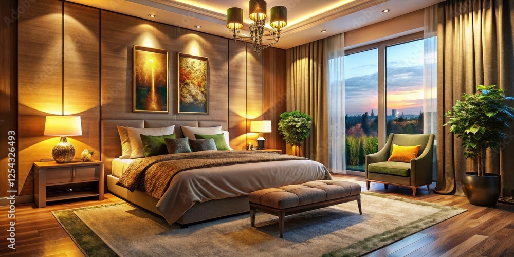 Modern Cozy Bedroom with Warm Lighting and Elegant Decor for Tranquil Atmosphere Modern Cozy Bedroom with Warm Lighting and Elegant Decor for Tranquil Atmosphere