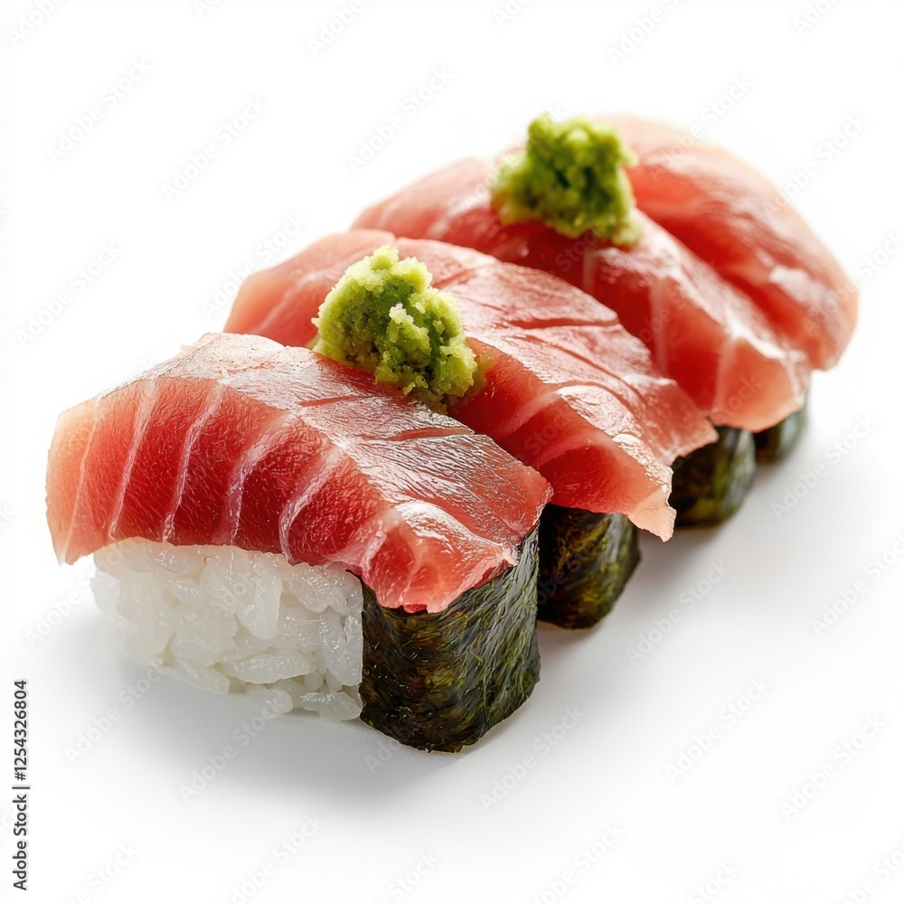 Delicious sushi featuring fresh tuna slices and wasabi on classic sushi rice, perfect for food lovers and culinary presentations. Delicious sushi featuring fresh tuna slices and wasabi on classic sushi rice, perfect for food lovers and culinary presentations.