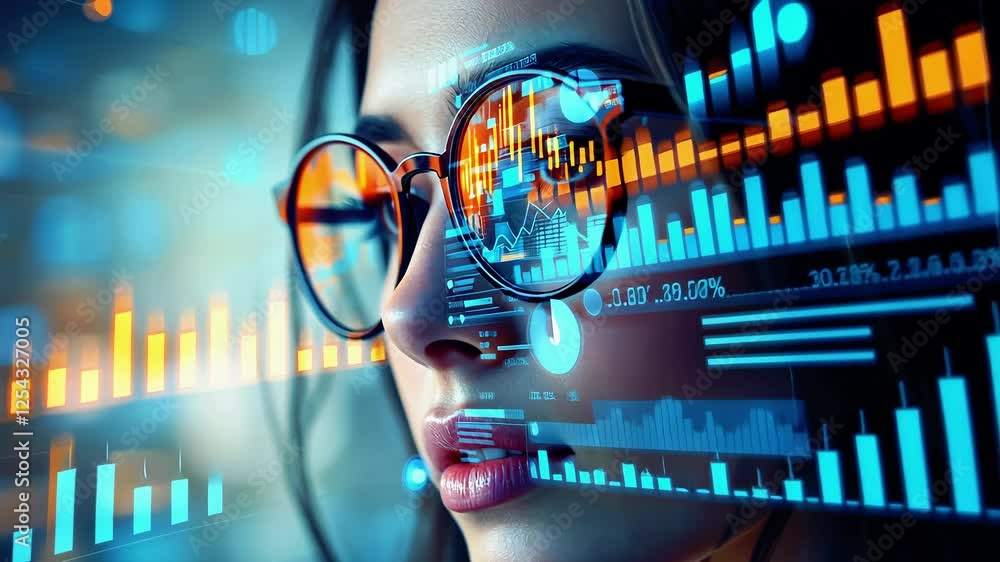 Woman wearing sunglasses analyzing digital data and graphs in a futuristic setting