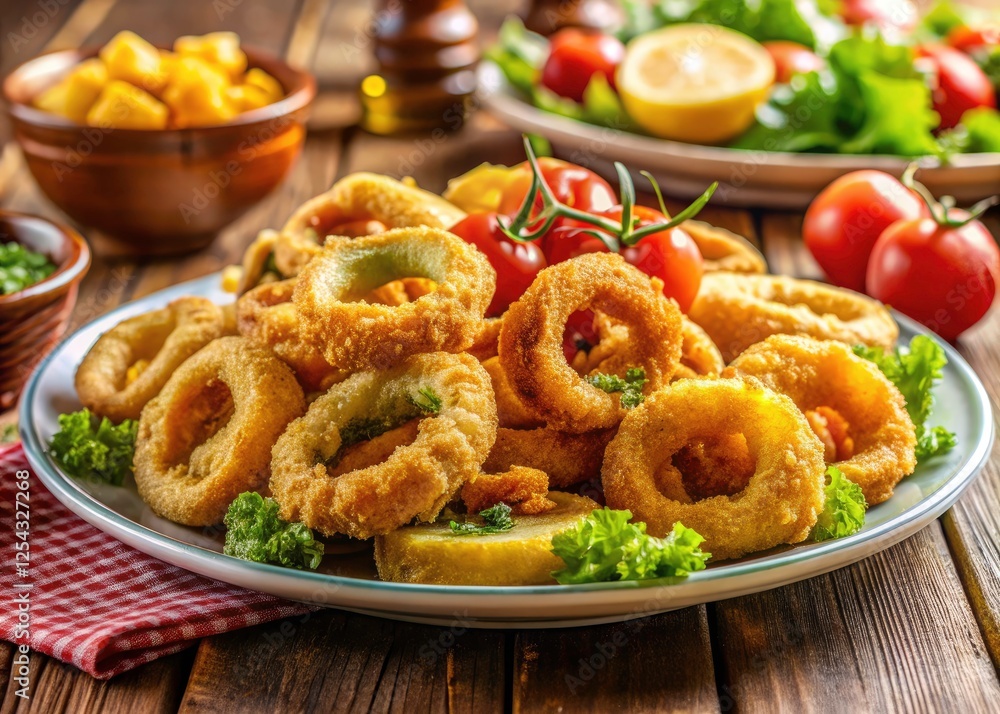 Panoramic Crispy Calamari & Onion Rings Food Photography - Delicious Seafood & Vegetarian Appetizers Panoramic Crispy Calamari & Onion Rings Food Photography - Delicious Seafood & Vegetarian Appetizers