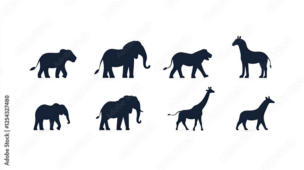 Obraz premium Silhouettes of various animals including a lion, elephant, and giraffe on a white background