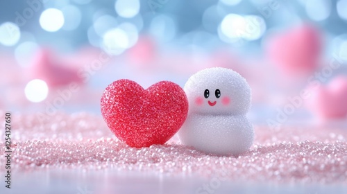 A cute snowman character next to a sparkling heart, symbolizing love and joy in a whimsical setting. photo