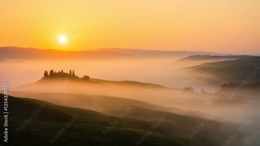 Golden Sunrise Over Foggy Hills and Village – Serene and Breathtaking Landscape Golden Sunrise Over Foggy Hills and Village – Serene and Breathtaking Landscape