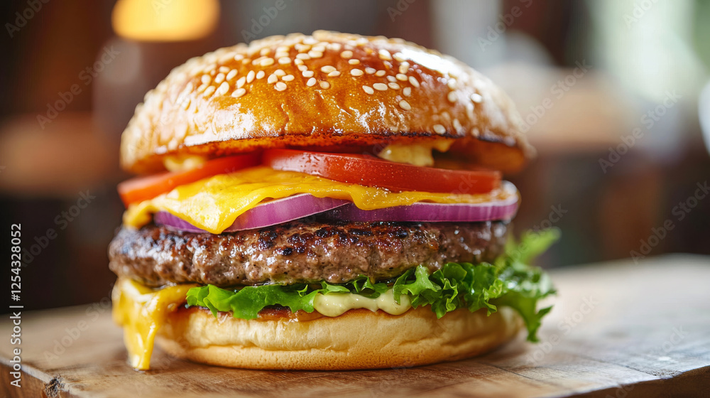 Juicy cheeseburger with lettuce, tomato, and onion on wooden board Juicy cheeseburger with lettuce, tomato, and onion on wooden board