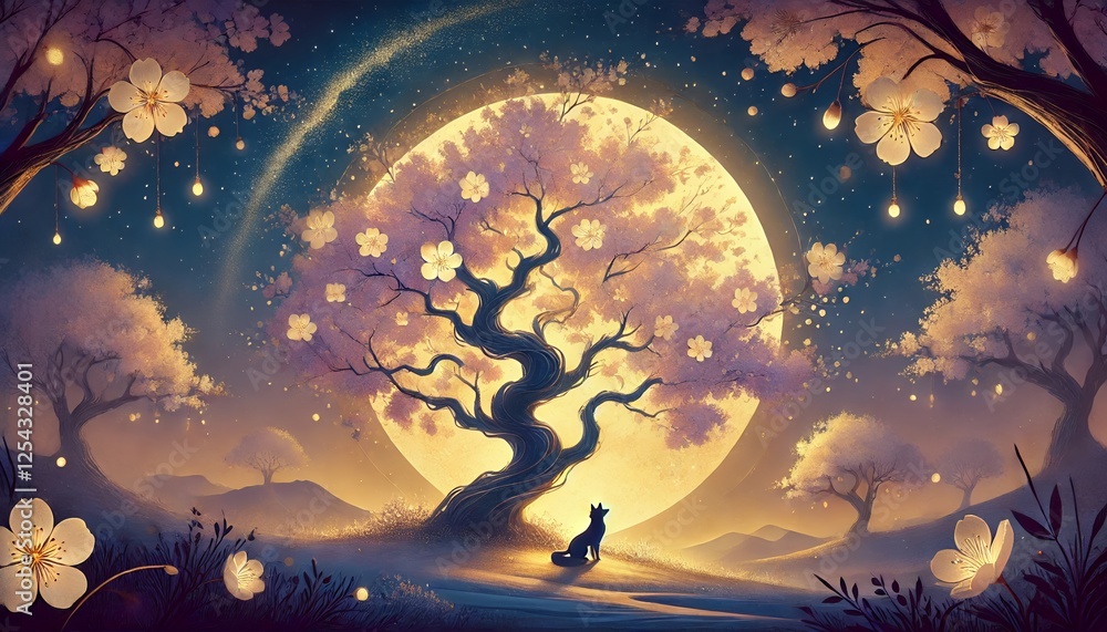Whimsical Spring Night: Moonlit Sakura with Blossoms and a Fox Under Starry Skies Whimsical Spring Night: Moonlit Sakura with Blossoms and a Fox Under Starry Skies