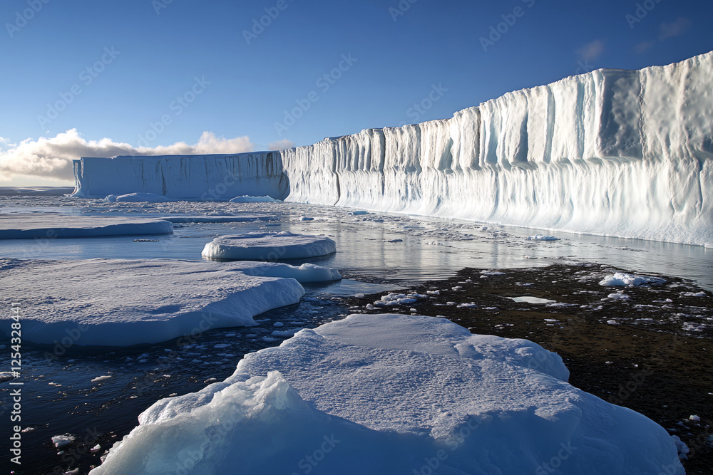 Glacial ice shelf with rugged rock foreground under a clear blue sky