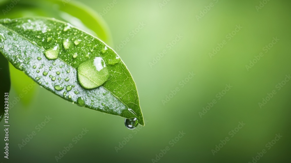 Fototapeta premium Close-Up of Dew Drops on Fresh Green Leaf with Soft Background