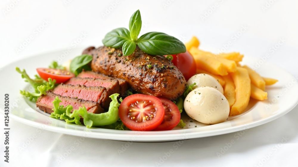 Delicious Plant-Based Steak Dinner with Fries, Mozzarella, and Tomatoes Delicious Plant-Based Steak Dinner with Fries, Mozzarella, and Tomatoes