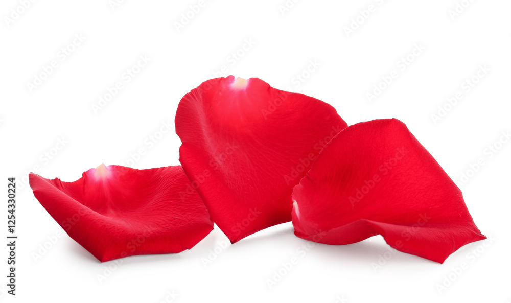 Fototapeta premium Beautiful red rose petals on white background