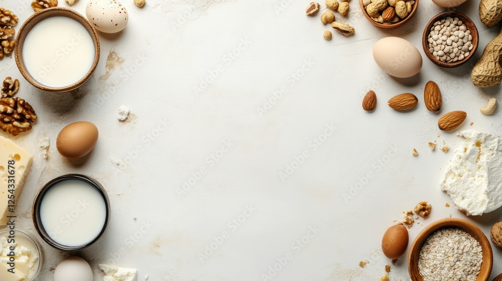 A Culinary Symphony: A vibrant and delicious arrangement of fresh ingredients, including eggs, milk, nuts, and grains, creates a visually appealing border around a blank space. A Culinary Symphony: A vibrant and delicious arrangement of fresh ingredients, including eggs, milk, nuts, and grains, creates a visually appealing border around a blank space.