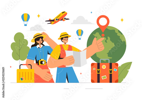 Travel Vector Illustration featuring Backpacking, Luggage, Maps, and Photo Cameras for Adventure, Tourism, and Exploration in a Flat Background