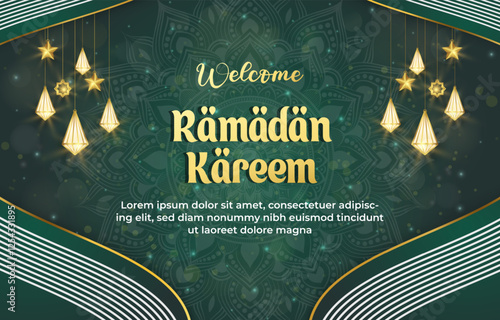 welcome ramadan kareem template banner with beautiful islamic ornament with green background design 77