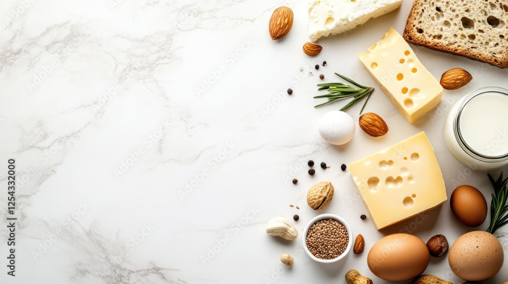 Breakfast Ingredients Flatlay: A vibrant flatlay showcasing an array of breakfast ingredients including cheese, eggs, almonds, bread, and milk, arranged artfully on a marble surface. Breakfast Ingredients Flatlay: A vibrant flatlay showcasing an array of breakfast ingredients including cheese, eggs, almonds, bread, and milk, arranged artfully on a marble surface.