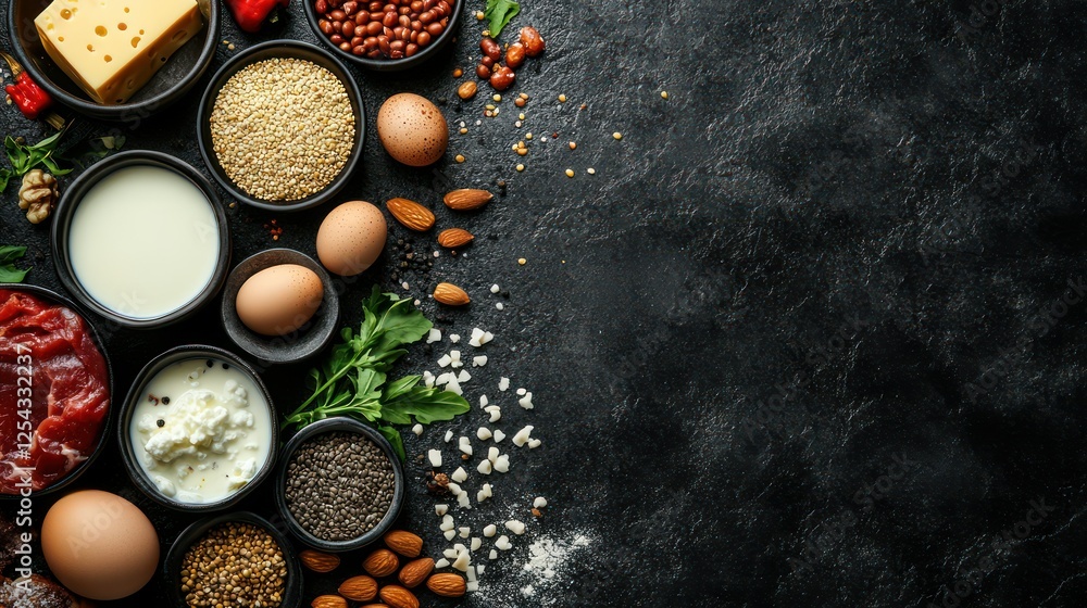 A Feast for the Senses: A tantalizing array of fresh, natural ingredients in small bowls, meticulously arranged against a dark background. A Feast for the Senses: A tantalizing array of fresh, natural ingredients in small bowls, meticulously arranged against a dark background.