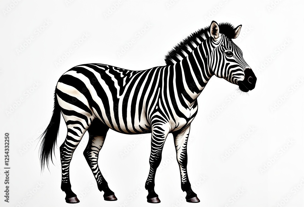 Obraz premium Acrylic Marker Zebra Illustration: Striking Black and White Stripes on Clean White Background for Children's Books, Educational Materials, and Wildlife Art Prints.