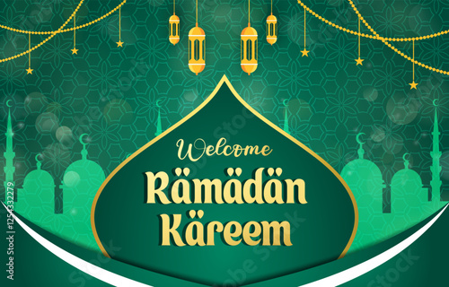 welcome ramadan kareem template banner with beautiful islamic ornament with green background design 79