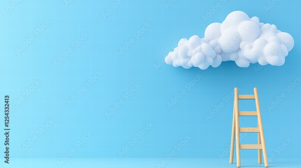 Wooden Ladder Positioned Under a Cloud Against Blue Background Wooden Ladder Positioned Under a Cloud Against Blue Background