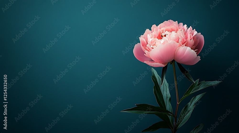 Photo of a single pink peony flower on a dark blue background, with space for text. Web banner style. Dark green color scheme. Photo of a single pink peony flower on a dark blue background, with space for text. Web banner style. Dark green color scheme.