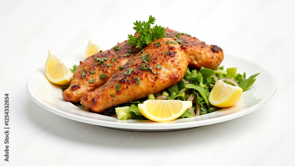 Roasted Chicken Legs with Lemon and Salad on White Plate Roasted Chicken Legs with Lemon and Salad on White Plate