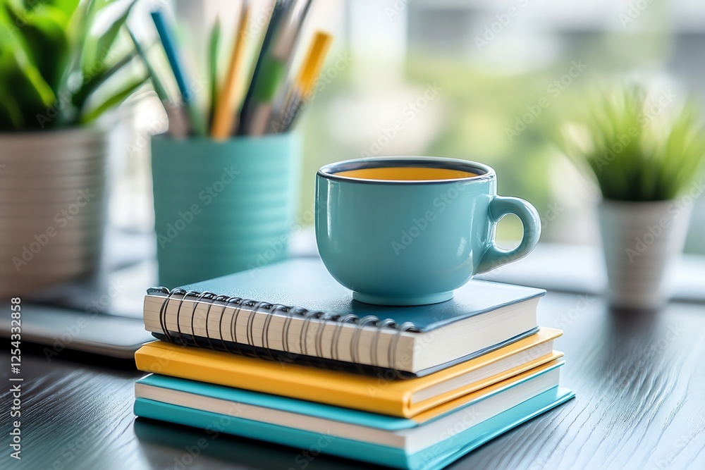 Naklejka premium Serene Workspace: Blue Mug and Stacked Notebooks