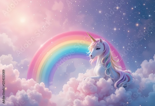 unicorn resting on a fluffy cloud with a vibrant rainbow background