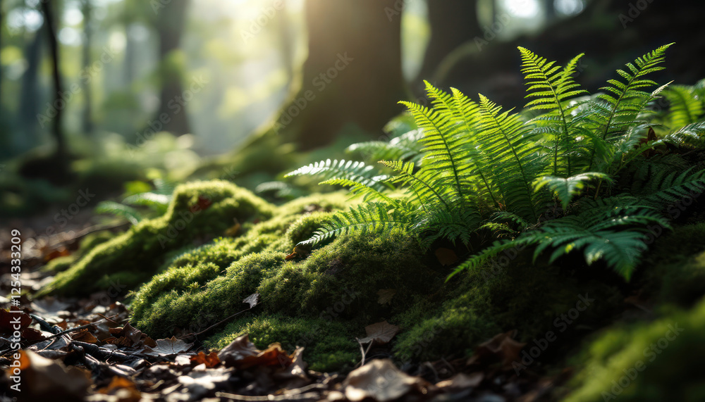 Sunlit Ferns and Moss in a Forest Sunlit Ferns and Moss in a Forest