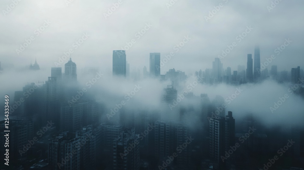City skyline shrouded in dense smog with industrial chimneys releasing thick smoke during early morning hours. Generative AI City skyline shrouded in dense smog with industrial chimneys releasing thick smoke during early morning hours. Generative AI