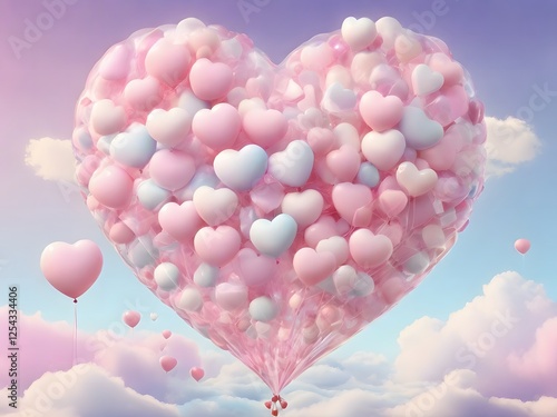 Heart shaped hot air balloon made of pink and white heart balloons floating in the sky