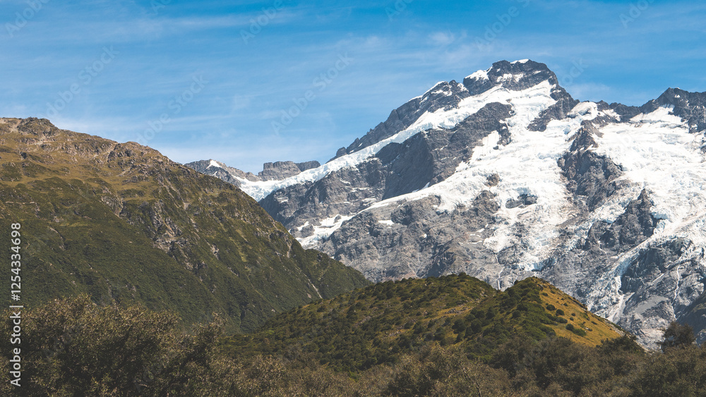 Beautiful mountain scenic views mount cook new zealand hooker valley hike walk trail Beautiful mountain scenic views mount cook new zealand hooker valley hike walk trail