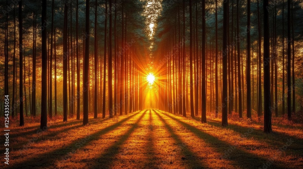 Fototapeta premium Golden Sunlight Through Forest Trees At Sunset
