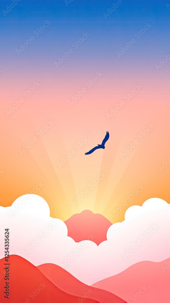 A serene sunrise over mountains with an eagle soaring through colorful clouds A serene sunrise over mountains with an eagle soaring through colorful clouds
